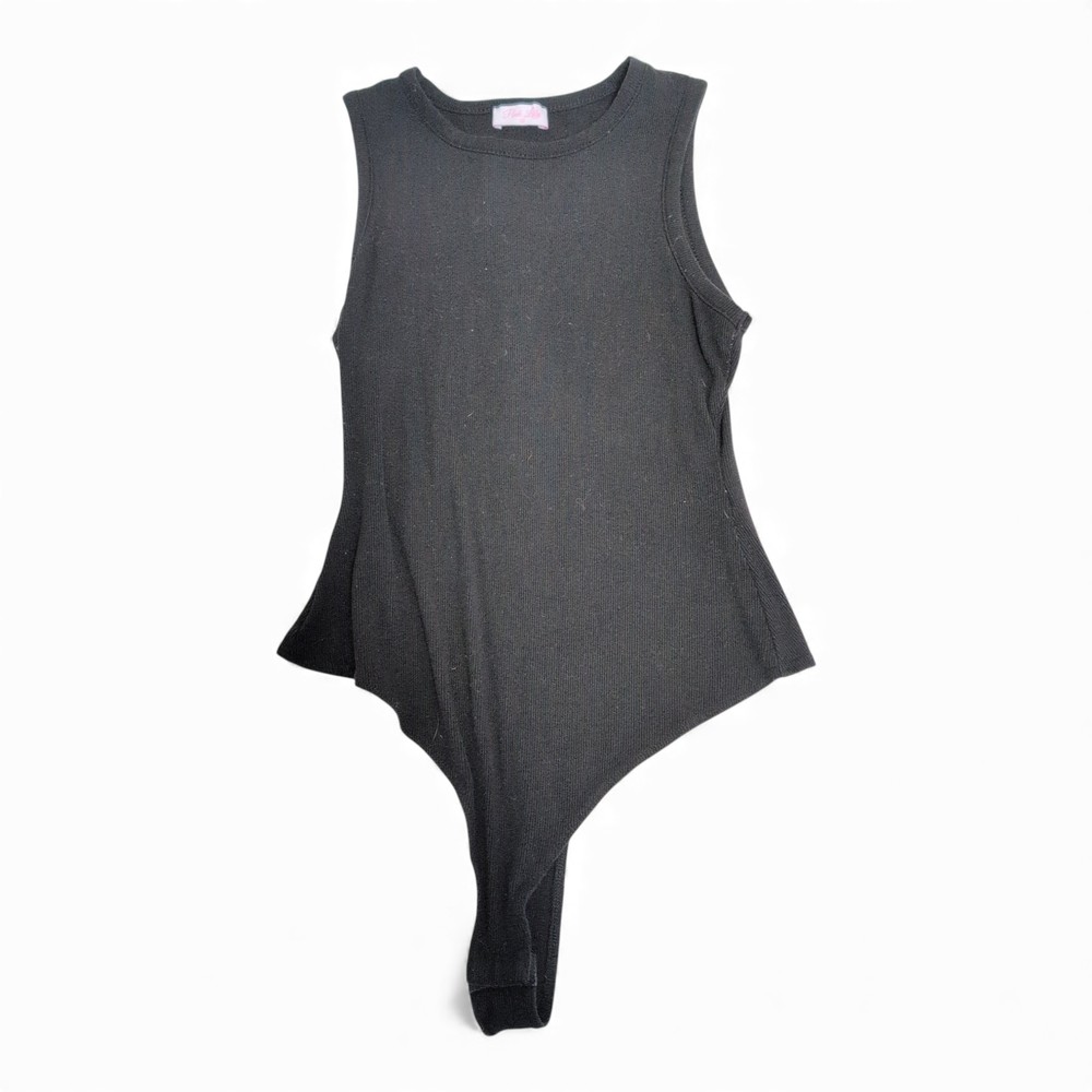 Pink Lily Black Ribbed Sleeveless Bodysuit - Size‎ L